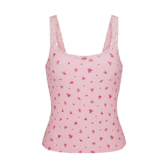 Skims Soft Lounge Lace Tank and shorts set in Rose Print - Picture 2 of 7